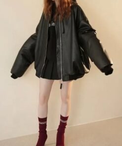 90s Oversized Bomber Black Leather Jacket