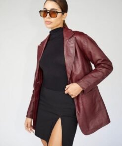 Women 90s Style Red Oversized Genuine Leather Blazer - Sale