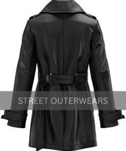 Alternative view of Women Black Leather Lapel Collar Trench Coat