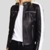 Women Black Slim Fit Striped Leather Biker Jacket - Sale Now