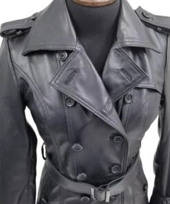 Women Designer Black Trench Leather Long Coat