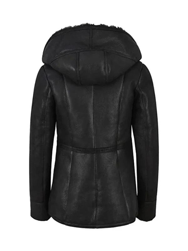 Women Leather Winter Hooded Jacket Black Fur Jacket Women Leather Winter Hooded Jacket Black Fur Jacket - Image 2