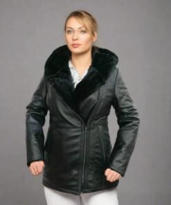 Women Leather Winter Hooded Jacket Black Fur Jacket Women Leather Winter Hooded Jacket Black Fur Jacket