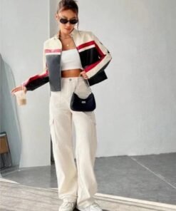 Women Oversized Colorblock Cropped leather Jacket