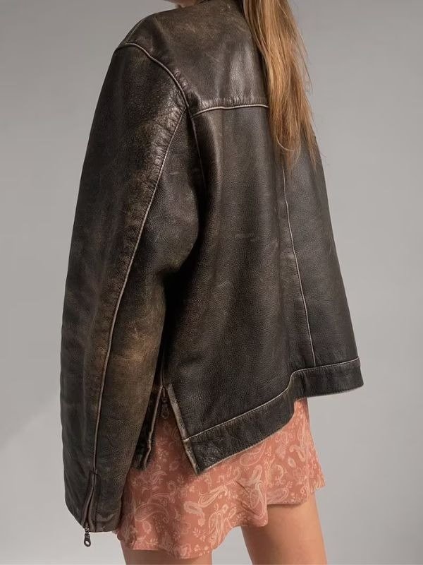 Women Oversized Distressed Brown Genuine Leather Jacket Women Oversized Distressed Brown Genuine Leather Jacket - Image 2