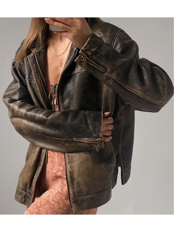 Women Oversized Distressed Brown Genuine Leather Jacket Women Oversized Distressed Brown Genuine Leather Jacket - Image 6