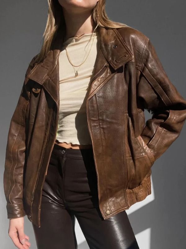 90s Leather Jacket ブラウン レザージャケット Women 90s Oversized Vintage Brown Leather Jacket