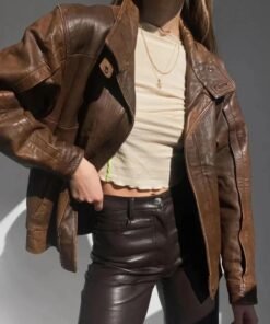 Women 90s Oversized Vintage Brown Leather Jacket