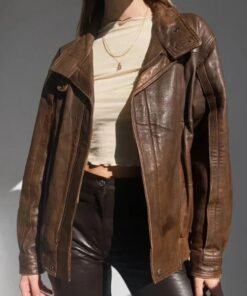 Women 90s Oversized Vintage Brown Leather Jacket