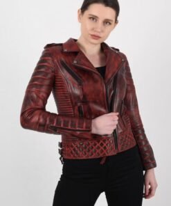 Women’s Burnt Red Biker lambskin Leather Jacket - Sale