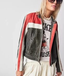 Women Striped Distressed Cafe Racer Biker Jacket
