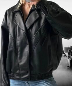 Women Vintage Retro Oversized Classic Black Leather Jacket