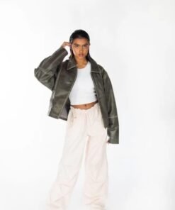 Womens 90s Distressed Boxy Leather Jacket