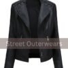 Womens Black Biker Quilted Shoulders Laced Leather Jacket
