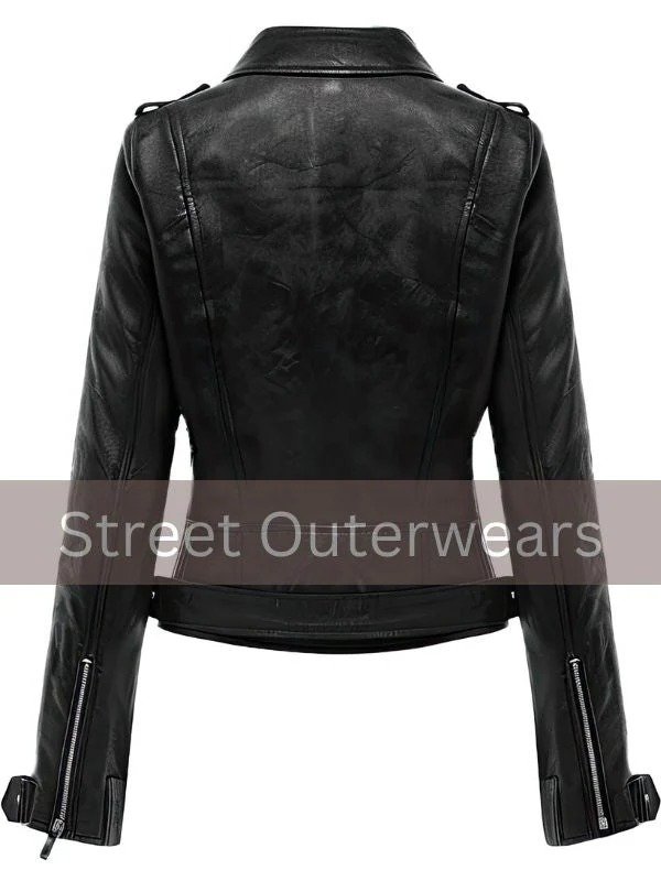 Womens Black Classy Double Breasted Motorbike Leather Jacket Womens Black Classy Double Breasted Motorbike Leather Jacket - Image 2