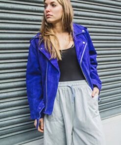 Womens Blue Cobalt Suede Biker Jacket In Oversized Fit Womens Blue Cobalt Suede Biker Jacket In Oversized Fit