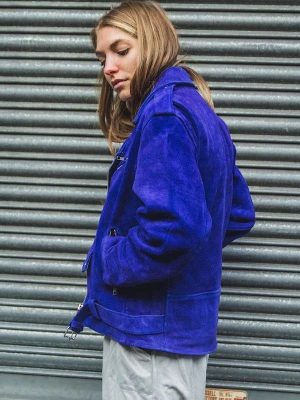 Womens Blue Cobalt Suede Biker Jacket In Oversized Fit Womens Blue Cobalt Suede Biker Jacket In Oversized Fit - Image 7