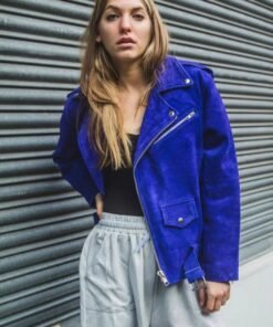 Womens Blue Cobalt Suede Biker Jacket In Oversized Fit Womens Blue Cobalt Suede Biker Jacket In Oversized Fit