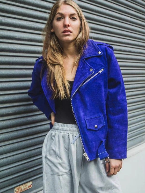 Womens Blue Cobalt Suede Biker Jacket In Oversized Fit Womens Blue Cobalt Suede Biker Jacket In Oversized Fit - Image 3