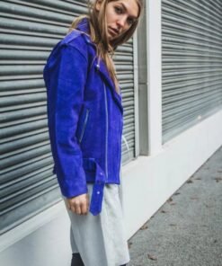Womens Blue Cobalt Suede Biker Jacket In Oversized Fit Womens Blue Cobalt Suede Biker Jacket In Oversized Fit