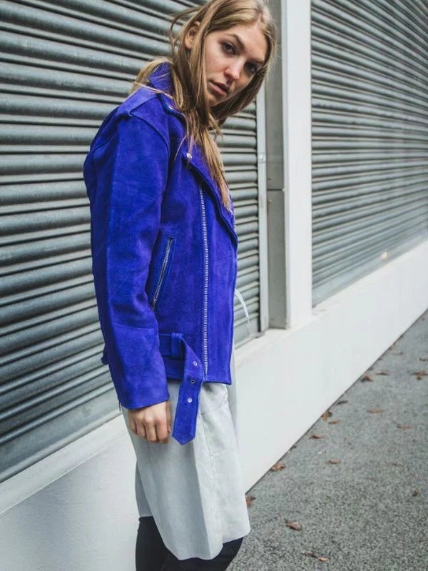 Womens Blue Cobalt Suede Biker Jacket In Oversized Fit Womens Blue Cobalt Suede Biker Jacket In Oversized Fit - Image 6