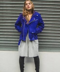 Womens Blue Cobalt Suede Biker Jacket In Oversized Fit Womens Blue Cobalt Suede Biker Jacket In Oversized Fit