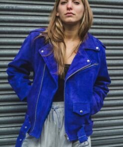 Womens Blue Cobalt Suede Biker Jacket In Oversized Fit Womens Blue Cobalt Suede Biker Jacket In Oversized Fit