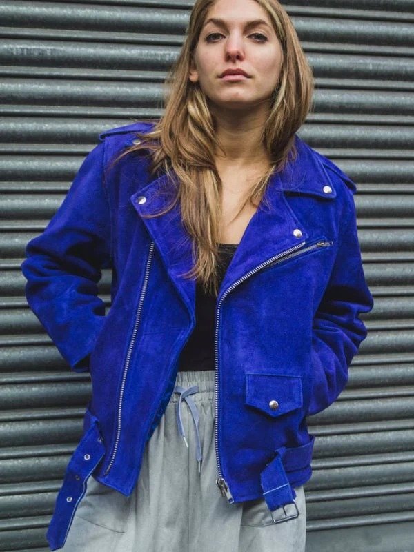 Womens Blue Cobalt Suede Biker Jacket In Oversized Fit Womens Blue Cobalt Suede Biker Jacket In Oversized Fit - Image 8