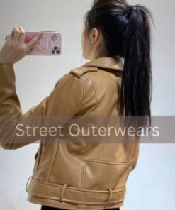 Womens Camel Brown Biker Moto Cafe Racer Jacket