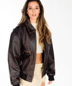Womens Distressed Oversized 90s Bomber Leather Jacket