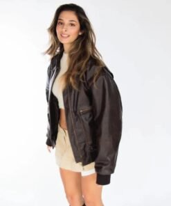 Womens Distressed Oversized 90s Bomber Leather Jacket