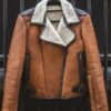 Womens Genuine Sheepskin Brown Biker Shearling Jacket