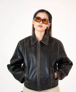 Womens Oversized 90s Distressed Brown Boxy Leather Jacket