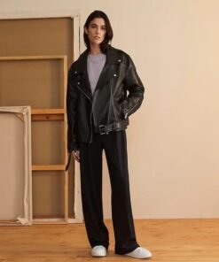 Womens Oversized 90s Vintage Retro Biker Black Leather Jacket