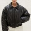 Womens Oversized Bomber Black Leather Jacket - Sale Now