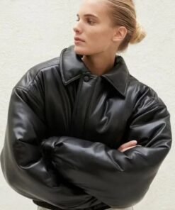 Alternative view of Womens Oversized Bomber Black Leather Jacket