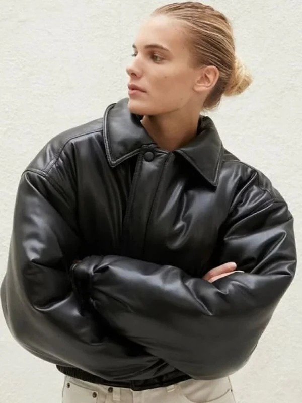 Womens Oversized Bomber Black Leather Jacket Womens Oversized Bomber Black Leather Jacket - Image 2