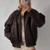 Womens Oversized Real Leather Bomber Brown Jacket
