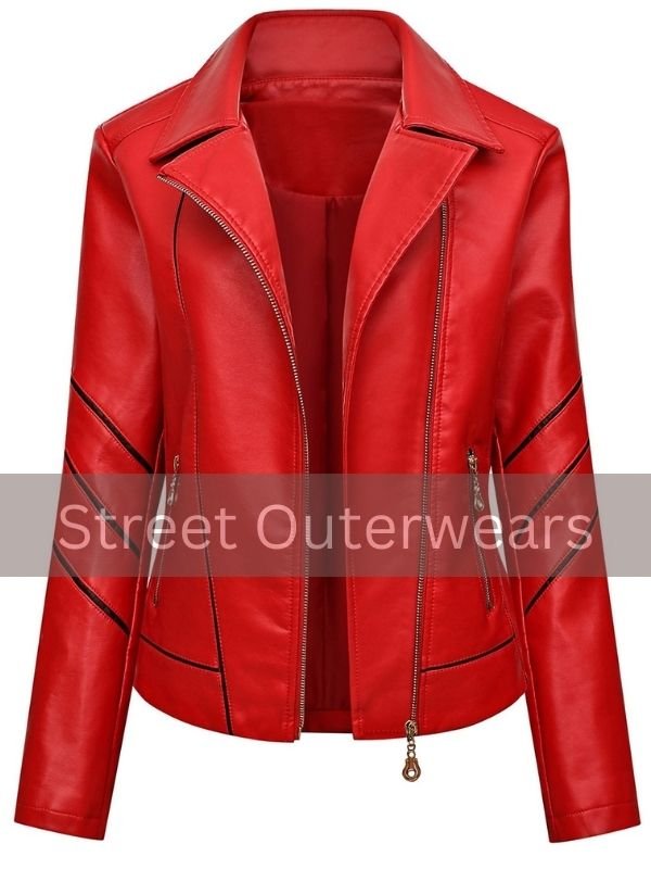 Womens Red Motorcycle Black Stripes Leather Jacket Womens Red Motorcycle Black Stripes Leather Jacket