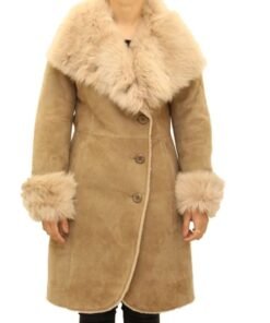 Womens Suede Three-Quarter Length Button Up Shearling Coat