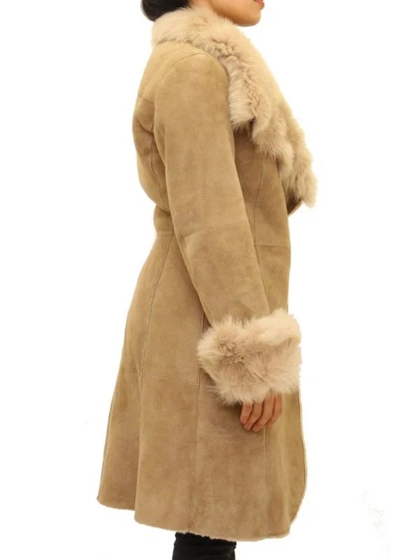 Womens Suede Three-Quarter Length Button Up Shearling Coat Womens Suede Three-Quarter Length Button Up Shearling Coat - Image 4