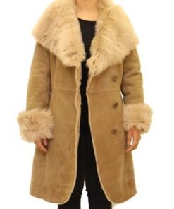Womens Suede Three-Quarter Length Button Up Shearling Coat Womens Suede Three-Quarter Length Button Up Shearling Coat