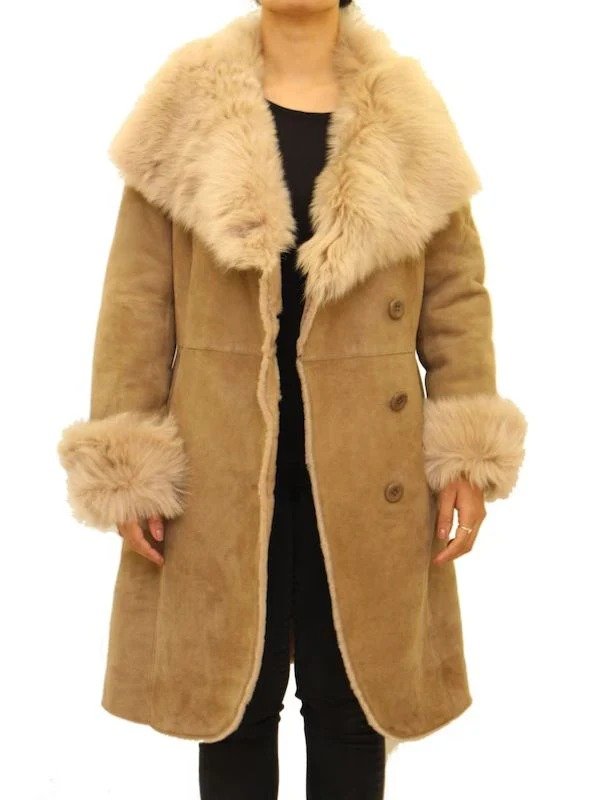 Womens Suede Three-Quarter Length Button Up Shearling Coat Womens Suede Three-Quarter Length Button Up Shearling Coat - Image 5
