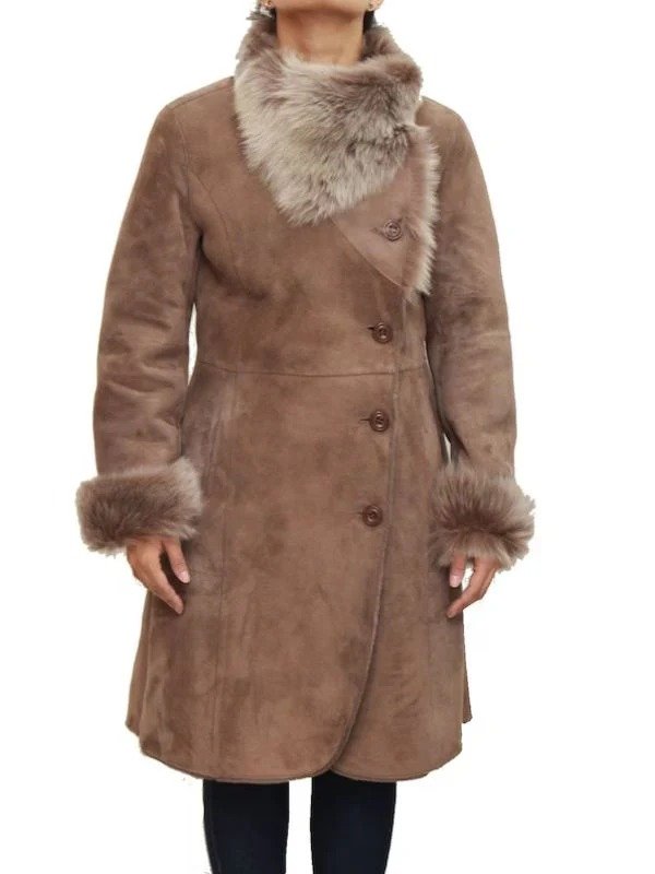 Womens Suede Three-Quarter Length Button Up Shearling Coat Womens Suede Three-Quarter Length Button Up Shearling Coat - Image 8