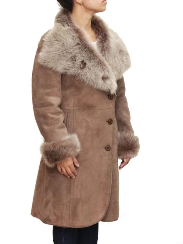 Womens Suede Three-Quarter Length Button Up Shearling Coat Womens Suede Three-Quarter Length Button Up Shearling Coat - Image 9