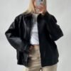 Womens Oversized 90's Bomber Black Leather Jacket