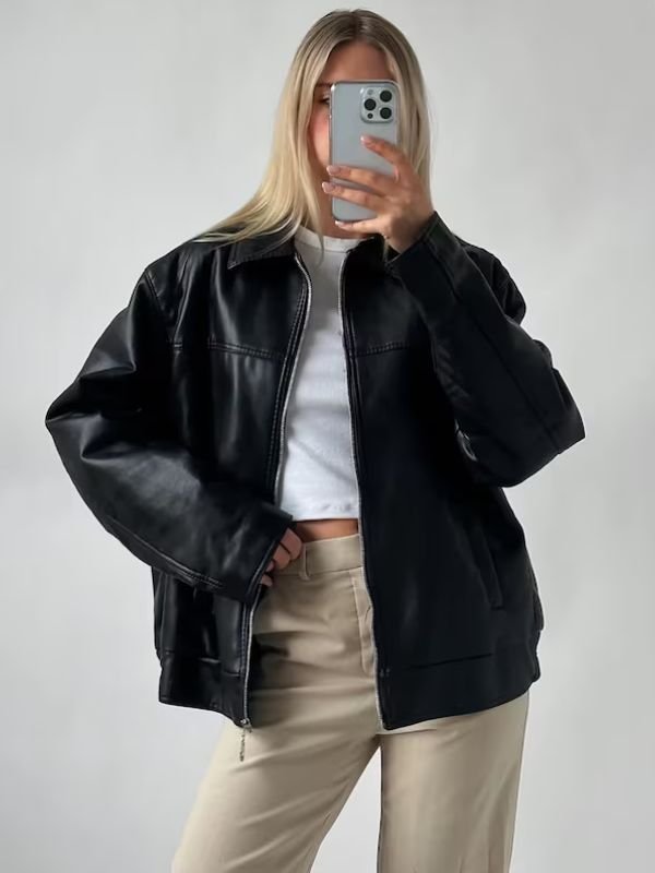 Womens Oversized 90's Bomber Black Leather Jacket Womens Oversized 90's Bomber Black Leather Jacket