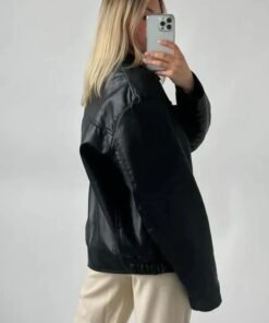 Alternative view of Womens Oversized 90's Bomber Black Leather Jacket