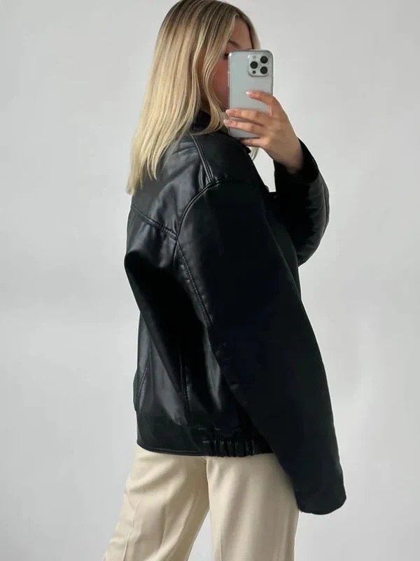 Womens Oversized 90's Bomber Black Leather Jacket Womens Oversized 90's Bomber Black Leather Jacket - Image 2