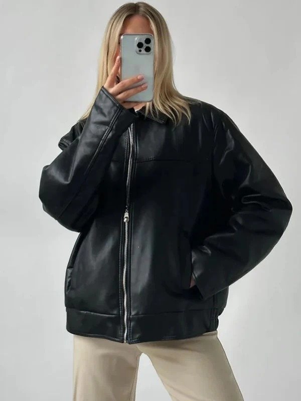 Womens Oversized 90's Bomber Black Leather Jacket Womens Oversized 90's Bomber Black Leather Jacket - Image 3